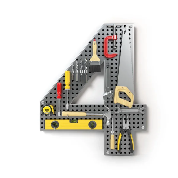 Nummer 4 vier. Alphabet aus den Werkzeugen auf dem Metallwirbelbrett iso — Stockfoto