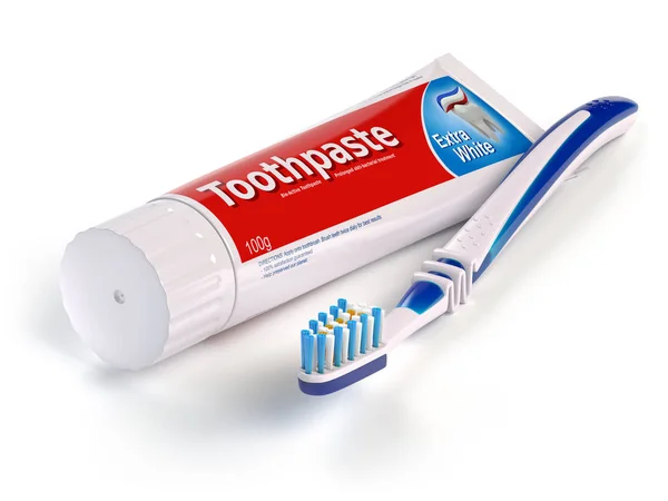 Зубная щетка и тюбик зубной пасты изолированы на белом фоне . — стоковое фото