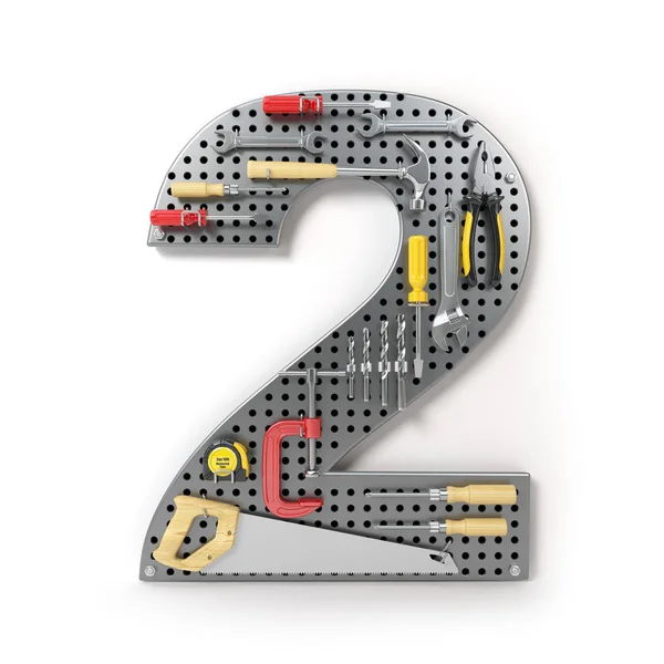 Number 2 two. Alphabet from the tools on the metal pegboard isol — Stock Photo, Image