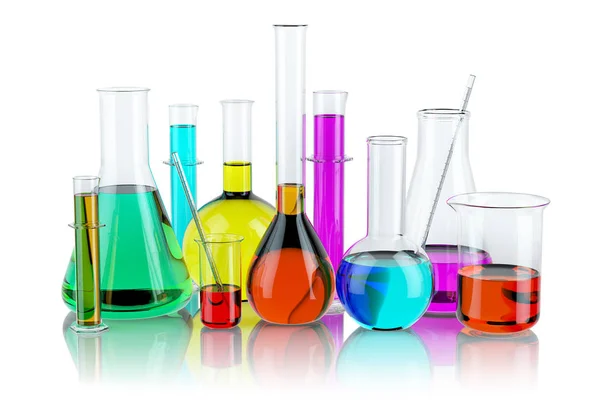 Frascos e tubos de vidro de ensaio de laboratório com solução i — Fotografia de Stock
