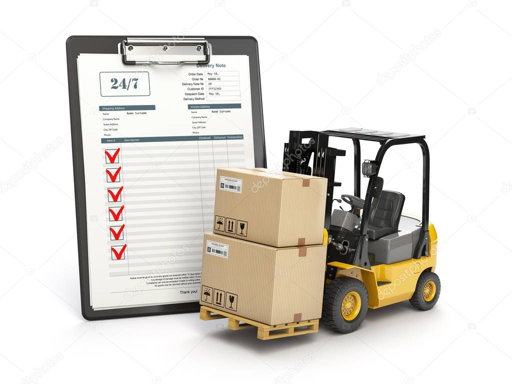 Delivery service concept. Forklift with parcel carton cardboard 