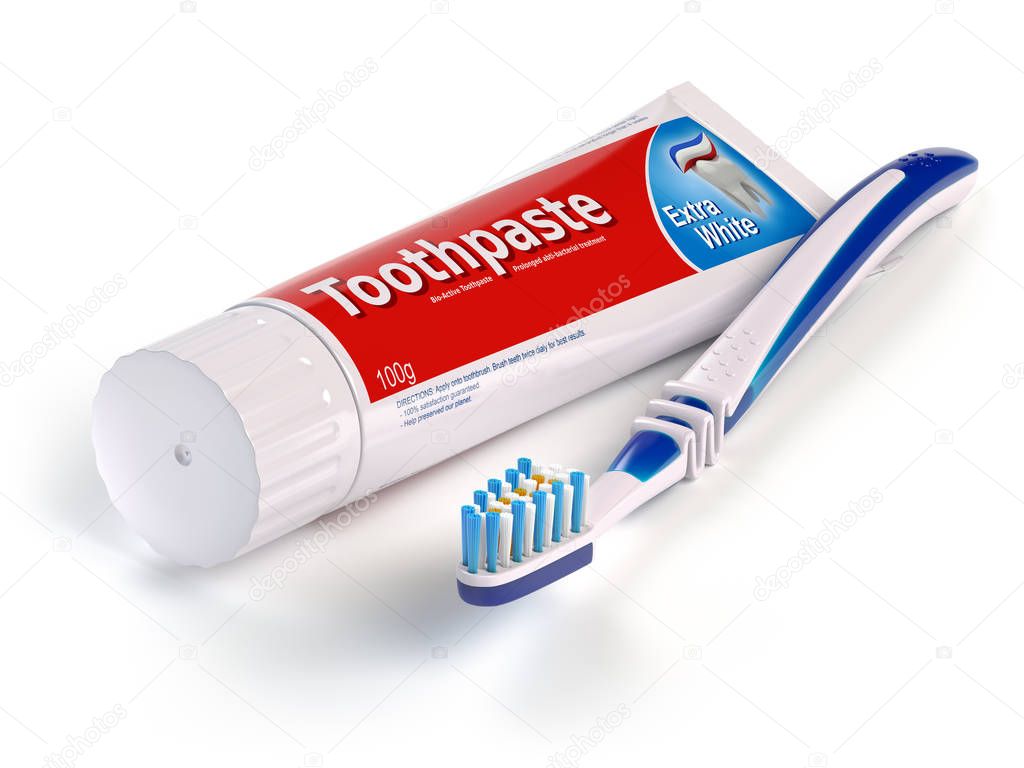 Toothbrush and tube of toothpaste isolated on white background. 3d illustration