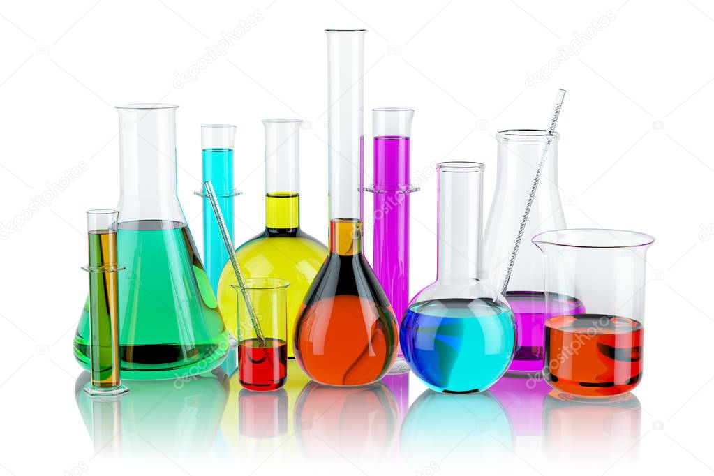 Laboratory glassware test glass flasks and tubes with solution i