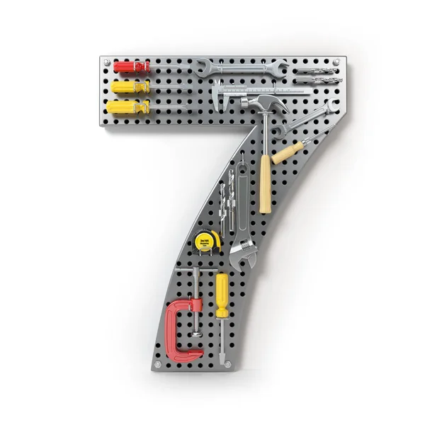 7 番 7。金属製のペグボードのツールからアルファベットは — ストック写真