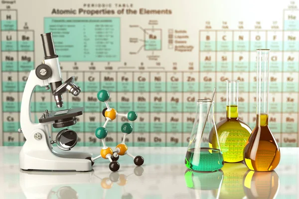 Microscope et éprouvettes et tubes en verre avec solution colorée — Photo