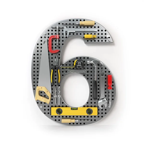 Nummer 6 zes. Alfabet van de hulpprogramma's op de metalen pegboard isol — Stockfoto