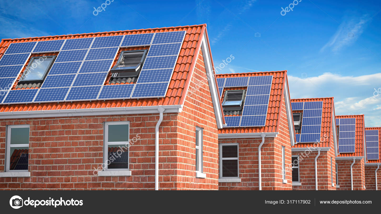 Mavi gökyüzü arkaplanının çatısında güneş panelleri olan ev sırası