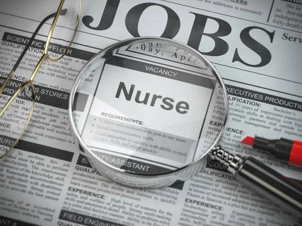 Verpleegster vacature in de advertentie van het zoeken naar werk krant met loupe. — Stockfoto