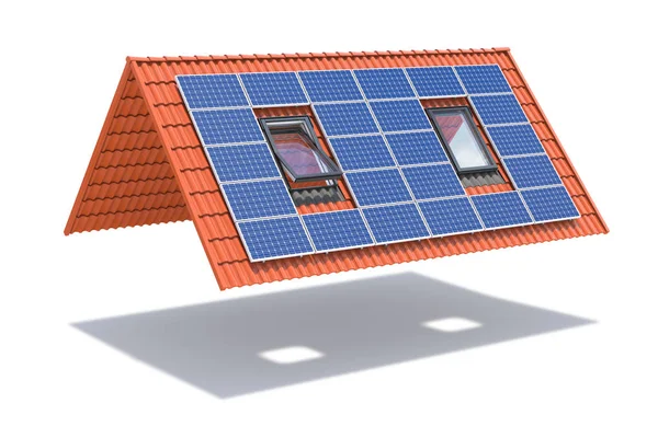 Panel słoneczny na dachu dachówki ceramicznej z oknami izolowanymi na biało. — Zdjęcie stockowe