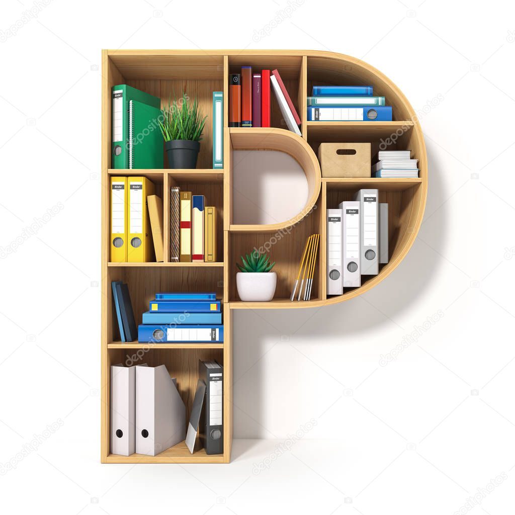 Letter P. Alphabet in the form of shelves with file folder, bind