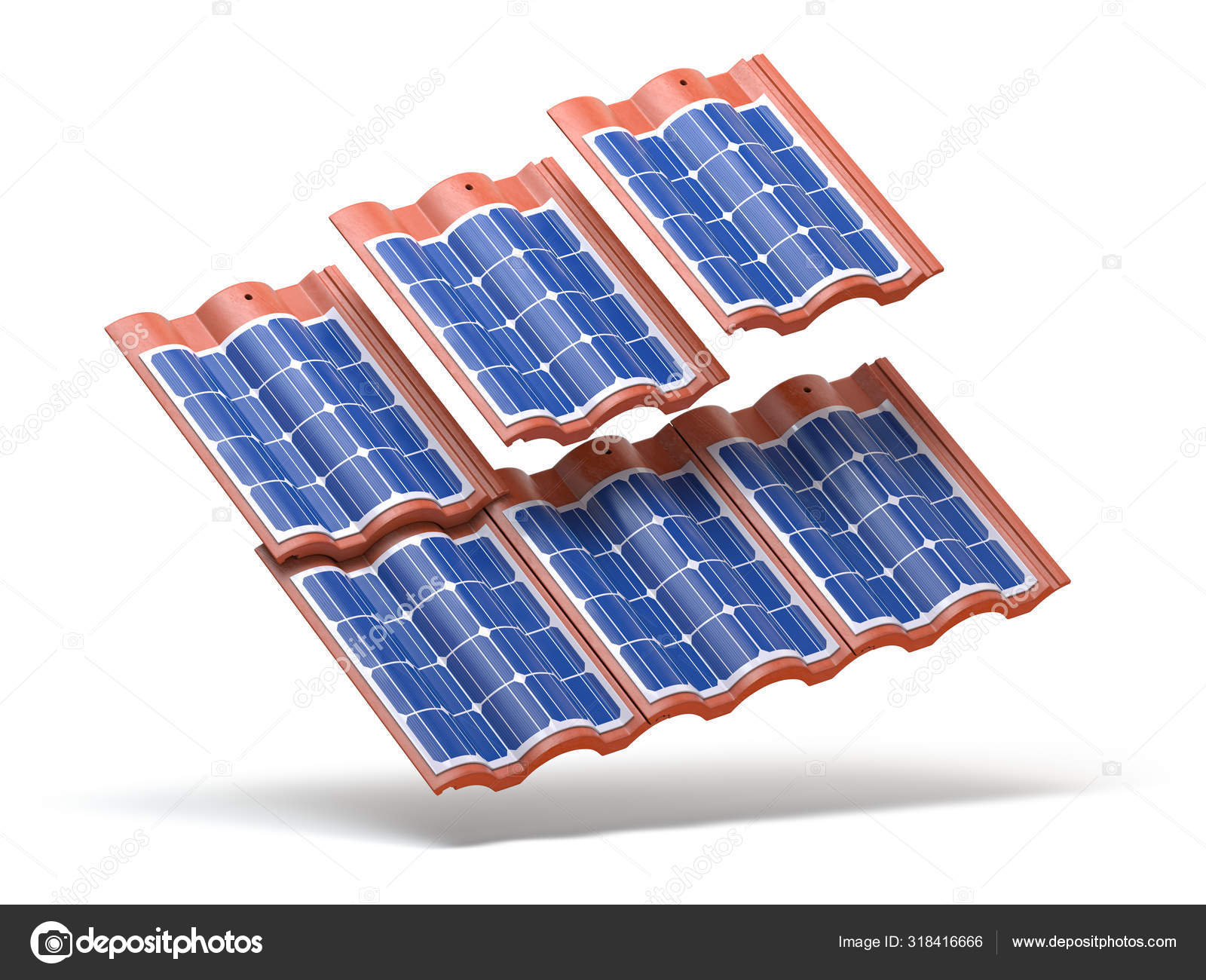 Solar panels integrated in roof tiles or shingles isolated on wh Stock