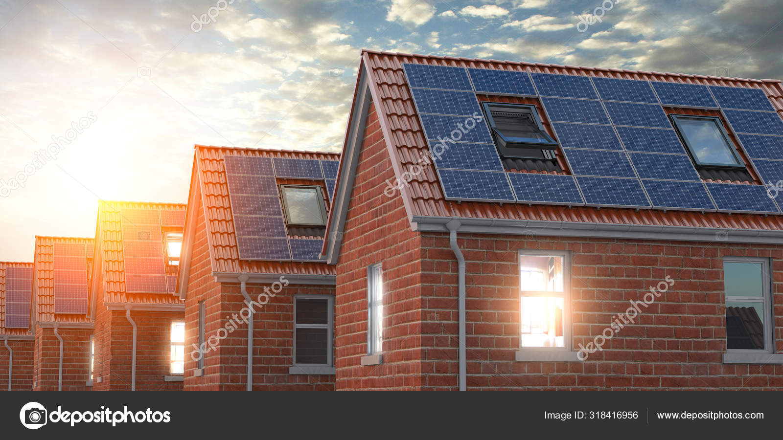 Rangee De La Maison Avec Des Panneaux Solaires Sur Le Toit Sur Fond Bleu Ciel Image Libre De Droit Par Maxxyustas C