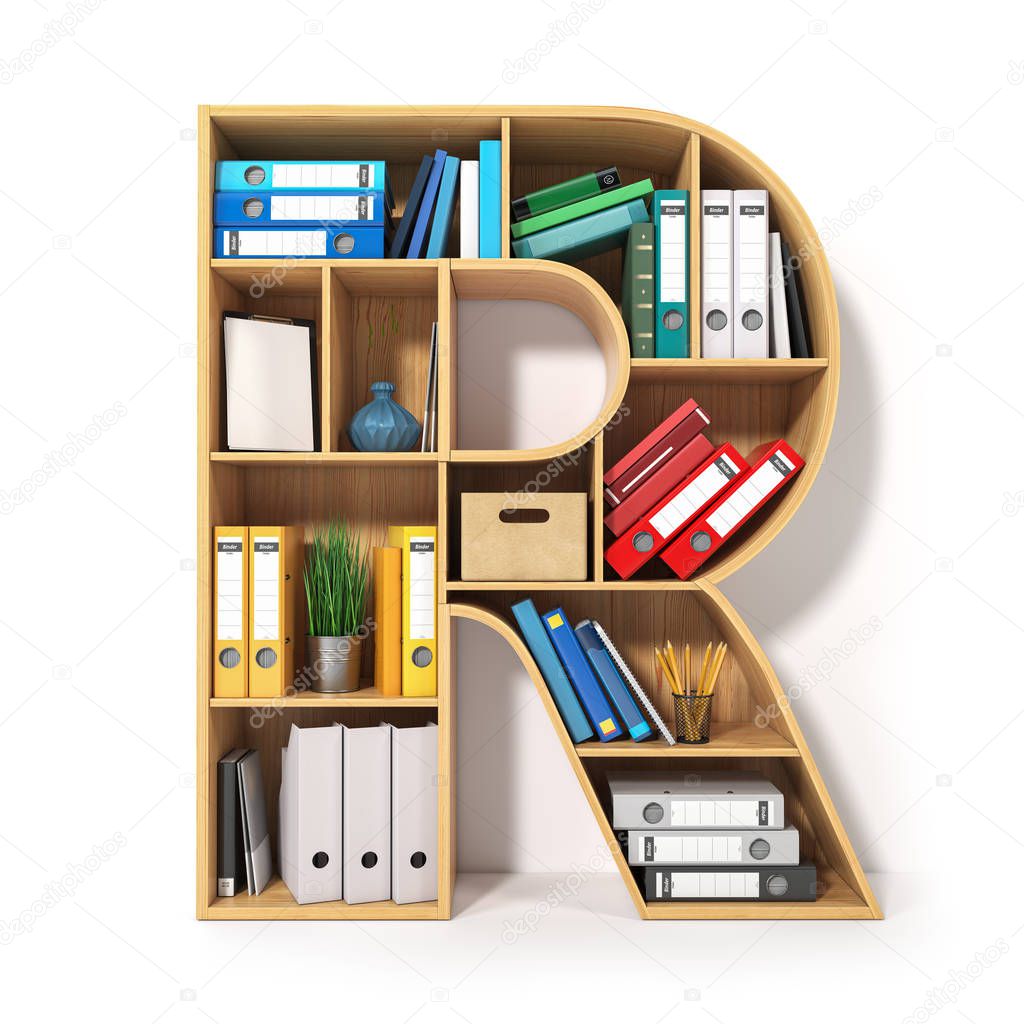 Letter R. Alphabet in the form of shelves with file folder, bind