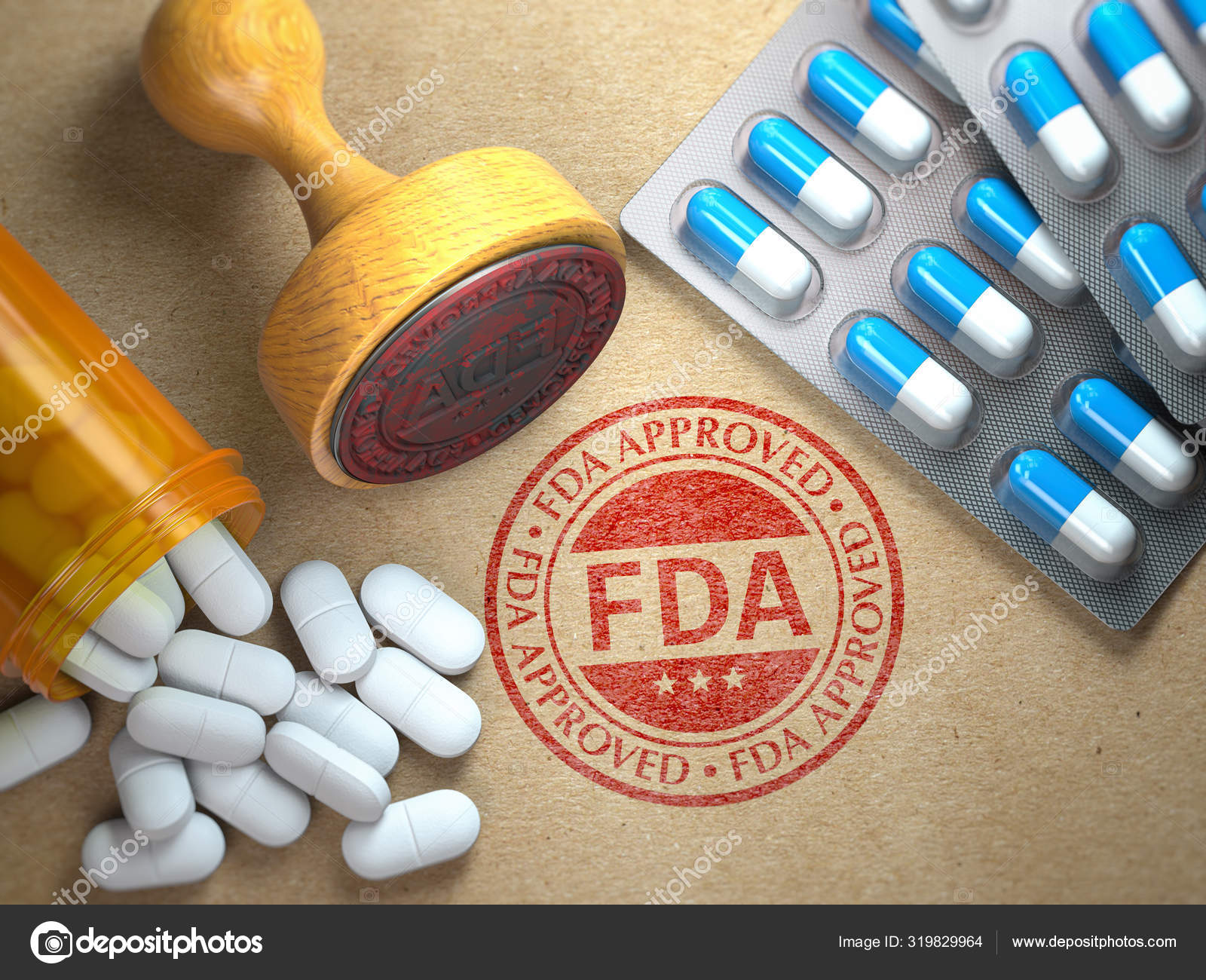 FDA approved concept. Rubber stamp with FDA and pills on craft — Stock Photo © maxxyustas 319829964