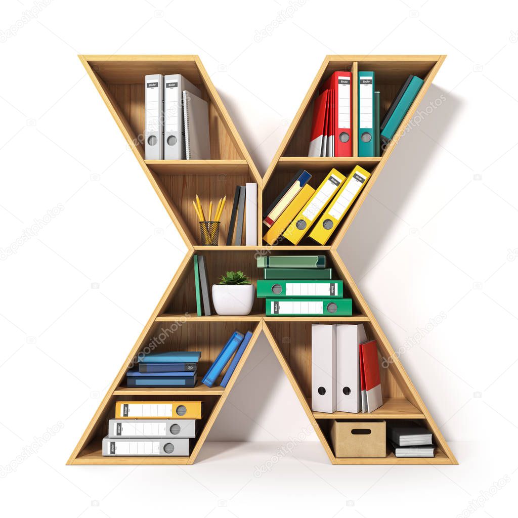 Letter X. Alphabet in the form of shelves with file folder, bind