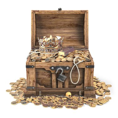 Open treasure chest filled with golden coins, gold and jewelry i clipart