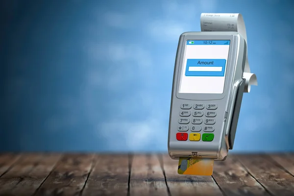 Πληρωμή Pos teminal με απόδειξη και πιστωτική κάρτα σε μπλε backgro — Φωτογραφία Αρχείου