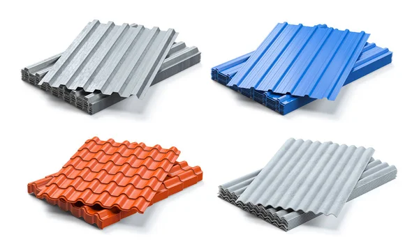 Set of different types of roof coating. Stacks of sheet metal  p — Stock Photo, Image
