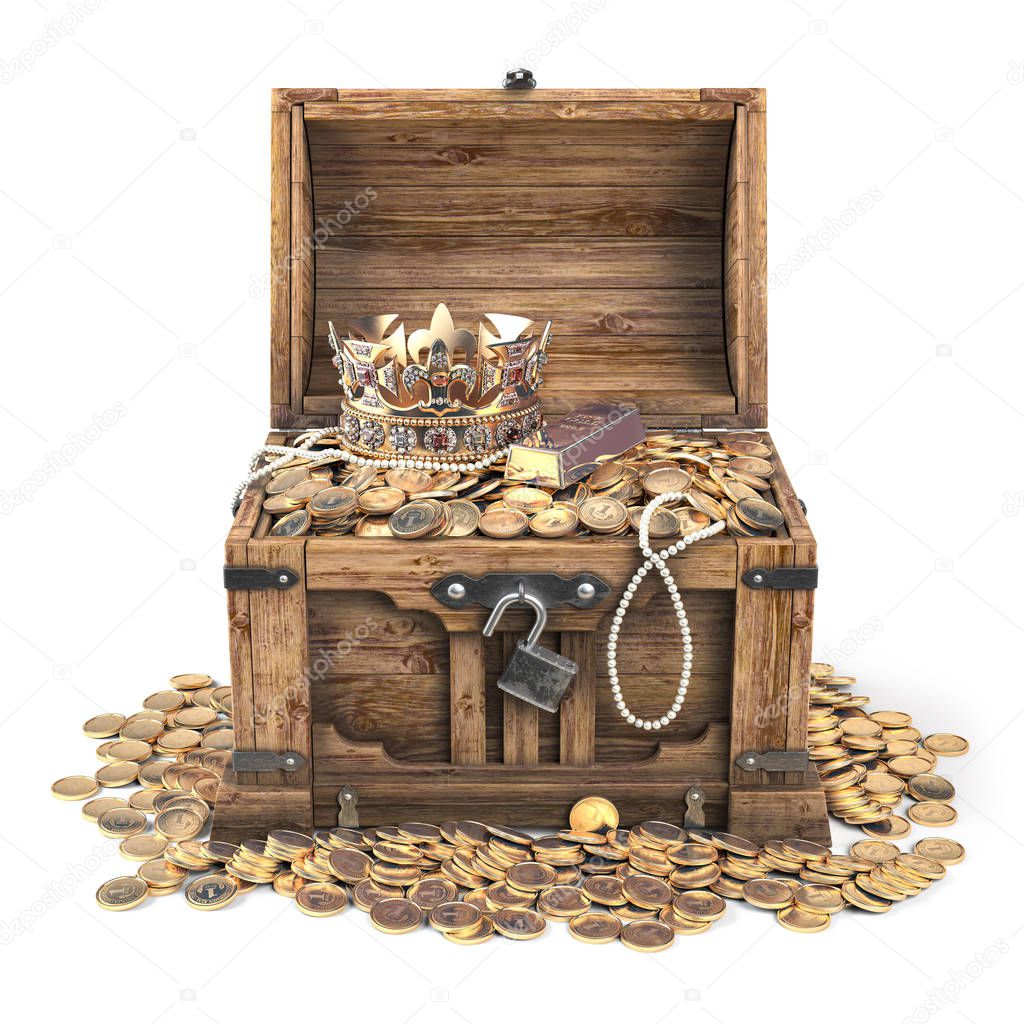 Open treasure chest filled with golden coins, gold and jewelry i