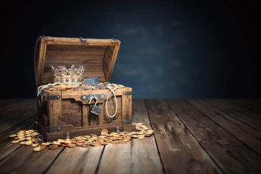 Altın para, altın ve mücevherlerle dolu açık hazine sandığı..