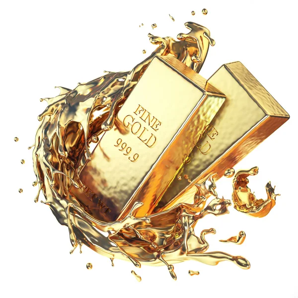 Golden ingot bars with splash of gold isolated on white backgrou — Stock Photo, Image