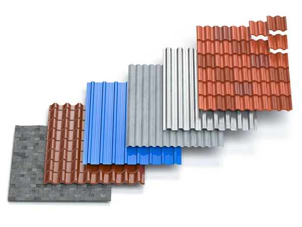 Different types of roof coating. Sheet metal  profiles, ceramic — Stock Photo, Image