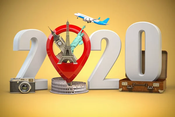 2020 Happy new year. Number 2020 and pin with most popular landm — Stock Photo, Image