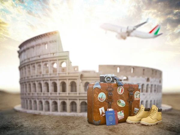 Flight to Rome, Italy.Vintage suiitcase with symbols of Rome Col — 스톡 사진
