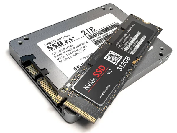 Diversi tipi di unità disco SSD isolate su sfondo bianco . — Foto Stock
