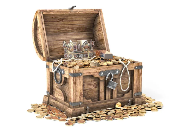 Offene Schatztruhe gefüllt mit Goldmünzen, Gold und Schmuck — Stockfoto
