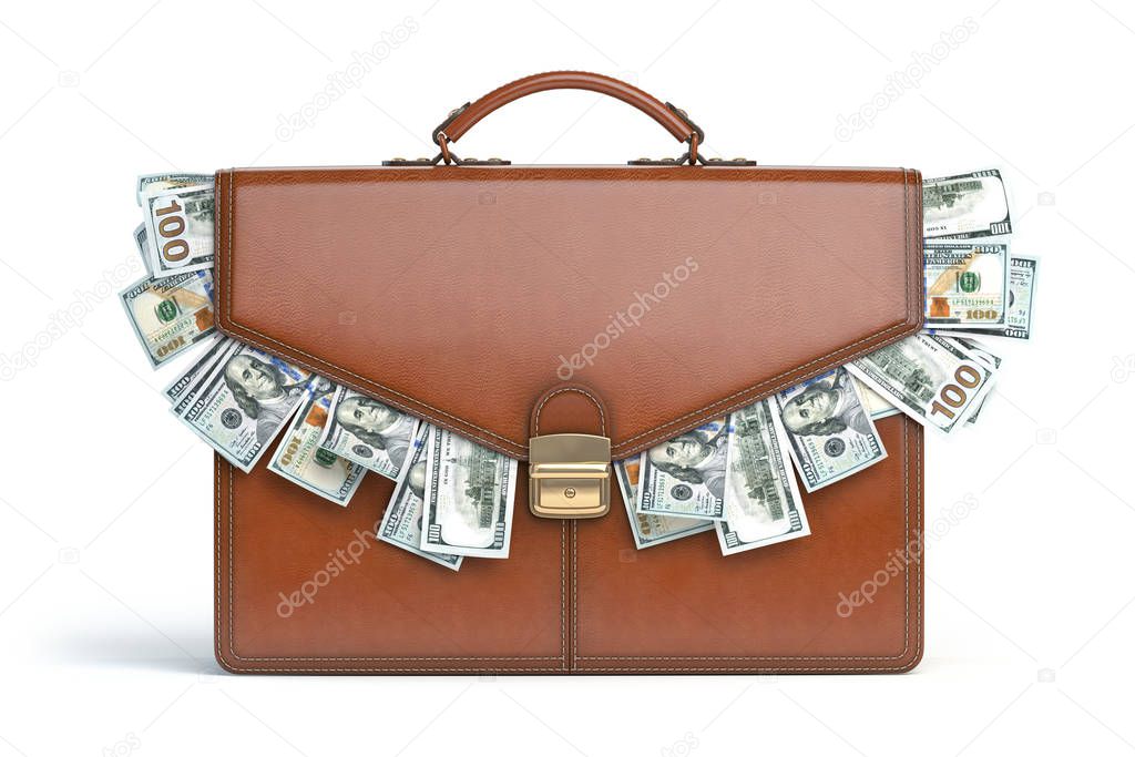 Briefcase full of dollars isolated on white background. Bribery,