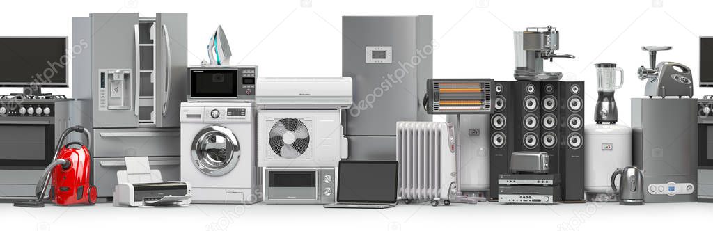 Household and kitchen appliances and home technics in a row. Sea