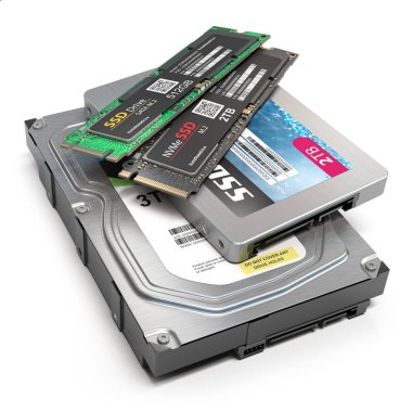 Farklı veri depolama cihazları. Hdd, sssd ve sssd m2 isola