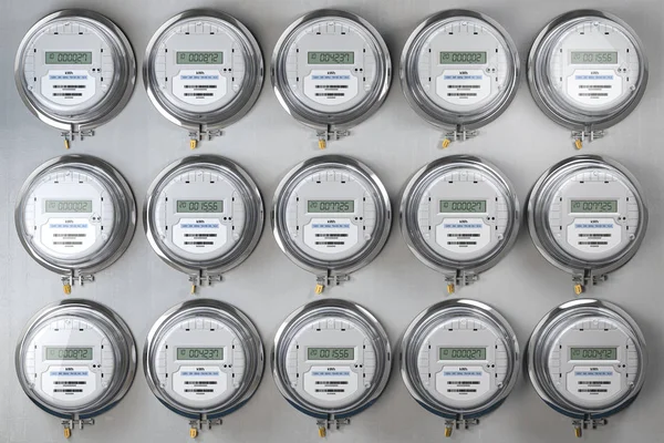 Digital electric meters in a row measuring power use. Electricit — Stock Photo, Image