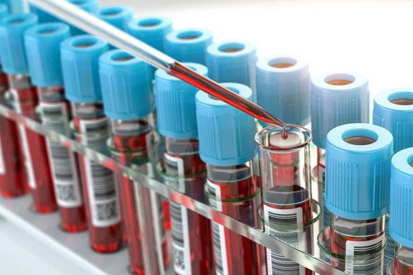 Blood test samples tubes and blood test pipette adding fluid to — 스톡 사진
