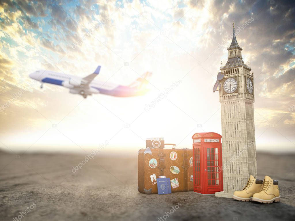 Flight to London, Great Britain.Vintage suiitcase with symbols o