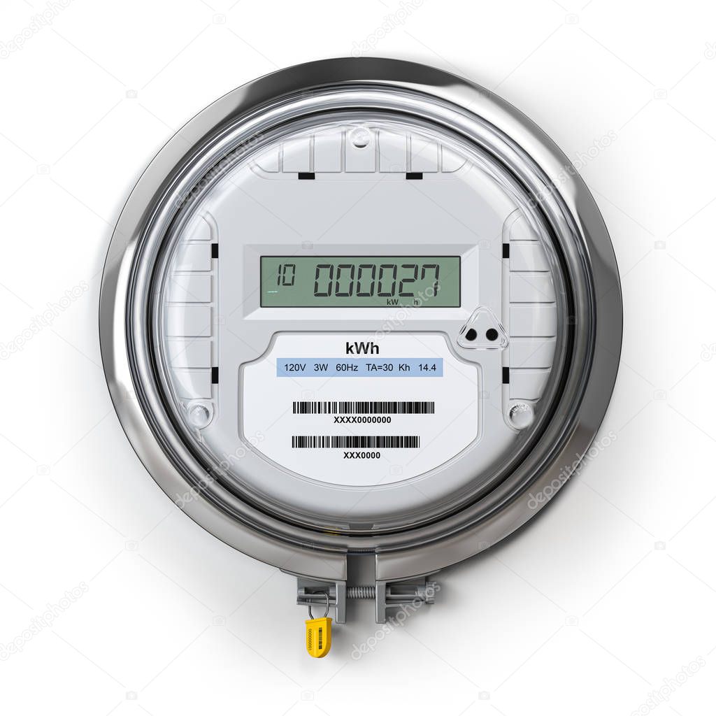 Digital electric meter with lcd screen isolated on white. Electr