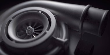 Siyah arka planda turbo şarj aleti. Otomatik parça turbo motor tec