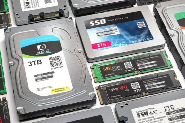 Farklı veri depolama cihazlarının arkaplanı. Hdd, SSD ve SSD