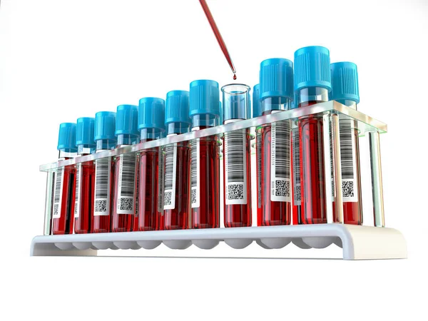 Blood test samples tubes and blood test pipette adding fluid to — Stock Photo, Image