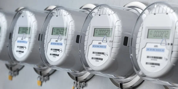 Digitale Stromzähler in einer Reihe, die den Stromverbrauch messen. Elektrizität — Stockfoto