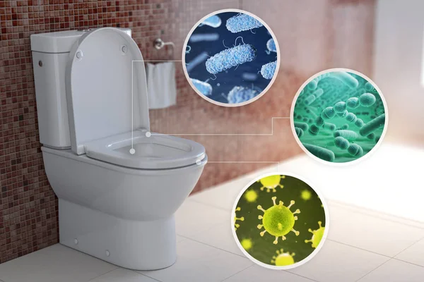 Bol de toilette avec différents types de bactéries, microbes et virus — Photo