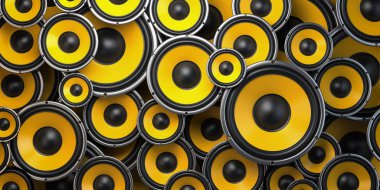 Acoustic sound speakers background. Yellow subwoofers of differe