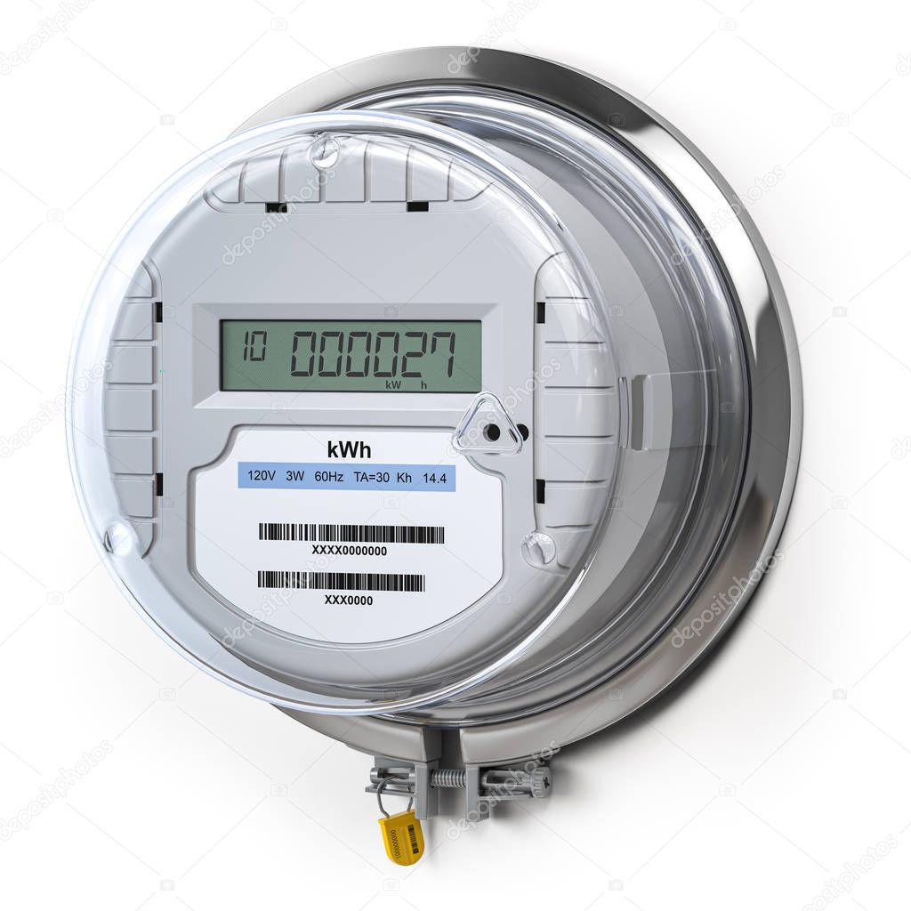 Digital electric meter with lcd screen isolated on white. Electr