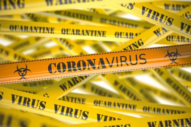 Coronavirus caution on yellow warning tape. Viral epidemyic and 