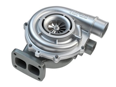Araba turbo şarjı beyaz arka planda izole edildi. Otomatik parça turbo e