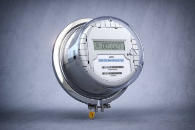 Gri kirli arkaplanda Lcd ekranı olan dijital elektrik sayacı