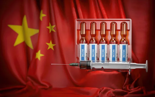 Oltás Kínában koncepció. Fecskendő és vakcinával ellátott injekciós üveg — Stock Fotó