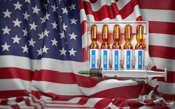 Vaccination aux USA concept. Seringue et flacons avec vaccin en U — Photo