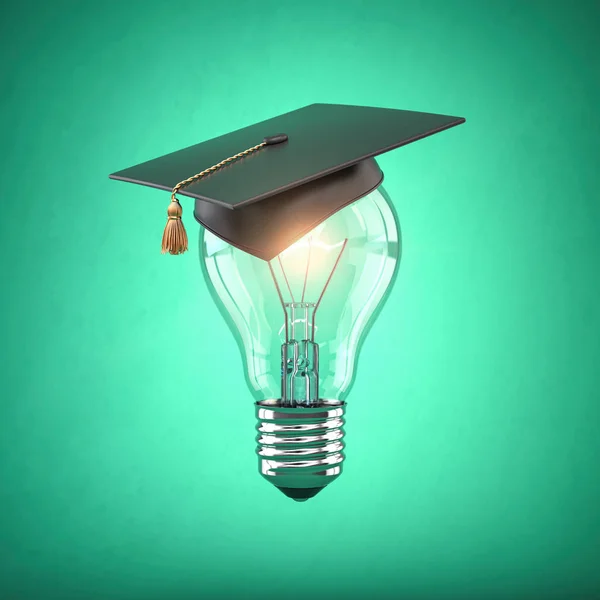 Concepto de educación y gradfuación. Bombilla con sombrero de graduación —  Fotos de Stock